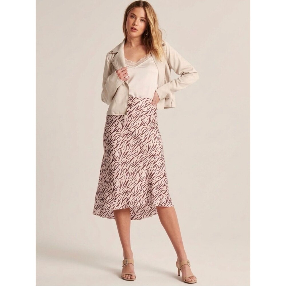 Abercrombie & Fitch Satin Midi Skirt Size XXS Abstract Cream Brown Tree Branches
